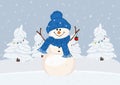 Merry christmas and happy new year greeting card. Snowman standing in winter christmas landscape. Royalty Free Stock Photo