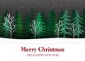 Merry Christmas and Happy New Year greeting card with snowy landscape and woods