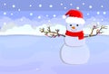 Merry christmas and happy new year greeting card with space for your text. Cute snowman in hat of Santa Claus standing in winter Royalty Free Stock Photo