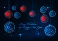 Merry Christmas and Happy New Year card with glow low poly red and blue decorative balls Royalty Free Stock Photo