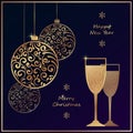 Merry Christmas and Happy New Year greeting card template with golden balls and champagne glasses Royalty Free Stock Photo