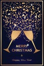 Merry Christmas and Happy New Year greeting card template with golden glitter and champagne glasses Royalty Free Stock Photo