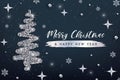 Merry Christmas and Happy New Year greeting card template. Hand drawn stylized Christmas tree with silver glitter effect on dark