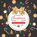 Merry Christmas And Happy New Year Greeting Card With Traditional Sweets On The Background, Cookies, Candy Cane, Gingerbread Man A