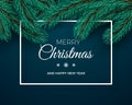 Merry Christmas and Happy New Year Greeting Card. Christmas tree branches on dark background and white frame. Holiday decoration Royalty Free Stock Photo