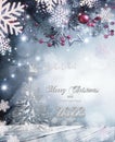 Merry Christmas and happy new year 2023 greeting card with christmas tree and Christmas decorations