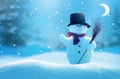 Merry christmas and happy new year greeting card .Two cheerful snowman standing in winter christmas landscape Royalty Free Stock Photo