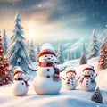 Merry Christmas and Happy New Year Greeting Card - Two Cheerful Snowmen Standing in Winter Christmas Landscape Royalty Free Stock Photo