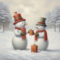 Two cheerful snowmen standing in winter christmas landscape.