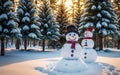 Snowman Christmas Scene. New year greeting card. Happy snowman standing in christmas landscape. Snow background. Generative AI Royalty Free Stock Photo