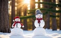 Merry Christmas and happy New Year greeting card. Two snowmen standing in winter Christmas landscape. Winter background. Royalty Free Stock Photo