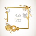 Merry Christmas, Happy New Year greeting card. Vector golden paper stars, ribbons, anggels and snowflakes.