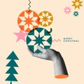 Human hand holding Christmas bauble in collage retro style vector illustration Royalty Free Stock Photo