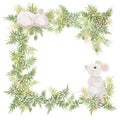 Merry Christmas and happy new year greeting card vintage frame. Retro frame, wreath with decoration and white mouses. Symbol
