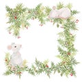 Merry Christmas and happy new year greeting card vintage frame. Retro frame, wreath with decoration and white mouses. Symbol