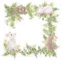 Merry Christmas and happy new year greeting card vintage frame. Retro frame, wreath with decoration and white mouses. Symbol Royalty Free Stock Photo