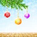 Merry Christmas and Happy New Year greeting card. Winter background with fir branches, colorful balls and wood table top. Vector