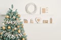 Merry Christmas and happy new year! Christmas Greeting Card. Winter holiday. Christmas room interior with christmas tree. Lights Royalty Free Stock Photo