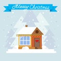 Merry Christmas and Happy New Year greeting card. Winter holidays landscape with snow covered village. Royalty Free Stock Photo