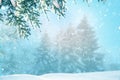 Merry Christmas and happy new year greeting card. Winter landscape with snow .Christmas background with fir tree branch and cones Royalty Free Stock Photo