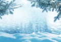 Christmas and happy new year greeting card. Winter landscape with snow .Christmas background with fir tree branch and cones