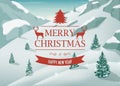 Merry Christmas and Happy New Year greeting card. Winter landscape with snow trees. Vector Royalty Free Stock Photo
