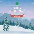 Merry Christmas and Happy New Year greeting card. Winter landscape with snow trees. Vectorn Royalty Free Stock Photo