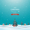 Merry Christmas and happy new year greeting card,winter landscape with snowman and gift boxes on snowy background Royalty Free Stock Photo