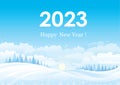 Merry Christmas and Happy New Year 2023. Greeting card with winter natural landscape against the background of the sky and the ris Royalty Free Stock Photo