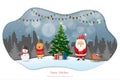 Merry Christmas and Happy new year greeting card,winter night landscape with Santa Claus and friends celebrate party on city Royalty Free Stock Photo