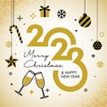 2023 Merry Christmas and Happy New Year for greeting cards, posters, holiday covers. Modern Christmas design with black and gold.