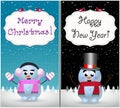 Merry christmas and happy new year greeting cards set of cute snowman and snowgirl