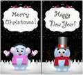 Merry christmas and happy new year greeting cards set of kawaii snowman and snowgirl Royalty Free Stock Photo