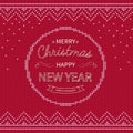 Merry Christmas and Happy New Year Greeting red knitted Background. Xmas logo lettering in a circle with borders.