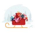 Merry Christmas and Happy New Year Greetings. Girl Santa Claus Helper Riding Reindeer Sledge with Huge Bag Royalty Free Stock Photo