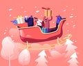 Merry Christmas and Happy New Year Greetings. Santa Claus Helpers Riding Reindeer Sledge Flying at Sky Royalty Free Stock Photo