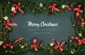 Merry Christmas and happy new year greetings in vertical top view dark blackboard with pine branches,ribbons and lights