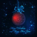 Merry Christmas and Happy New Year card with red glow low poly ball with ribbon bow, stars and text