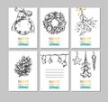 Merry Christmas and Happy New Year hand drawn labels, card, banners. Christmas ball, Fir-tree cone, Mistletoe, Frozen Star, Royalty Free Stock Photo