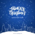 Merry Christmas and Happy New Year. Hand drawn pine forest with Modern brush lettering on blue snowflake background. Royalty Free Stock Photo