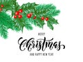 Merry Christmas and Happy New Year hand drawn quote calligraphy on holly wreath ornament for holiday greeting card. Vector Christm Royalty Free Stock Photo