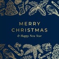 Merry Christmas and Happy New Year Hand Drawn Sketch Banner or Card Template. Abstract Holiday Vector Label with Blue Royalty Free Stock Photo