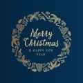 Merry Christmas and Happy New Year Hand Drawn Sketch Wreath, Banner or Card Template. Abstract Holiday Vector Label with Royalty Free Stock Photo