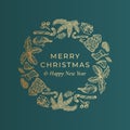 Merry Christmas and Happy New Year Hand Drawn Sketch Wreath, Banner or Card Template. Abstract Holiday Vector Label with Royalty Free Stock Photo