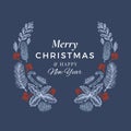 Merry Christmas and Happy New Year Hand Drawn Sketch Wreath, Banner or Card Template. Abstract Holiday Vector Label with Royalty Free Stock Photo