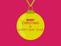 Merry Christmas and happy New Year. Hanging yellow Christmas ball on a red background. Festive design for greeting cards Royalty Free Stock Photo