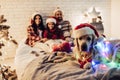 Family with dog on New Year`s Eve Royalty Free Stock Photo