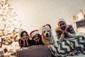 Family with dog on New Year`s Eve Royalty Free Stock Photo