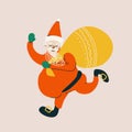 Merry Christmas and Happy New Year. Happy holidays. Funny vector bright trendy Santa Claus with a bag of gifts for the design of