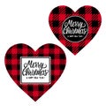 Merry Christmas and Happy New Year heart shaped cards checkered texture is black with red. Lettring inscription . Vector Royalty Free Stock Photo